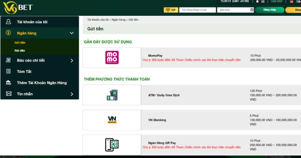 Nạp tiền vào tài khoản V9BET